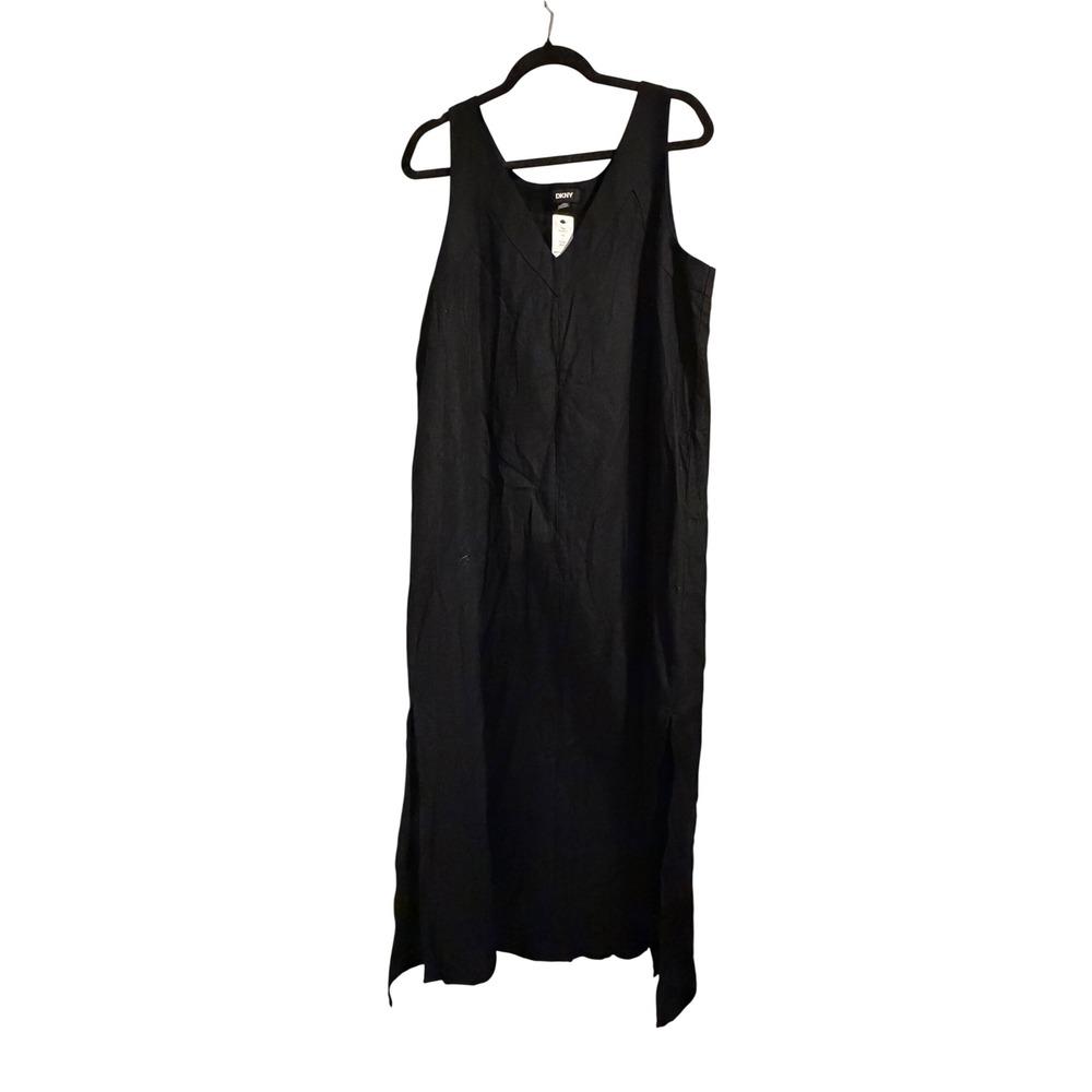 DKNY Womens Black Linen Blend V-Neck Sleeveless Maxi Dress Side Slits Size L NEW